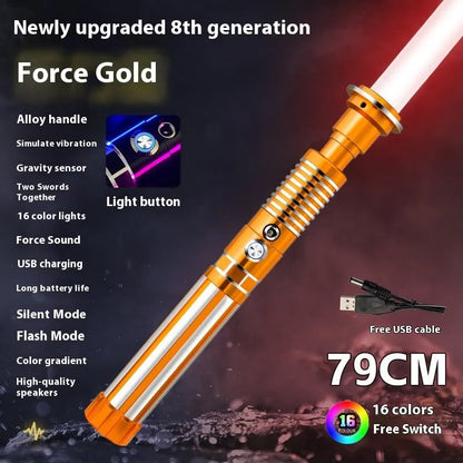 Metal rechargeable laser sword toy with gravity induction, 16 colour-changing lights, and 8 sound effects for children aged 7-14.