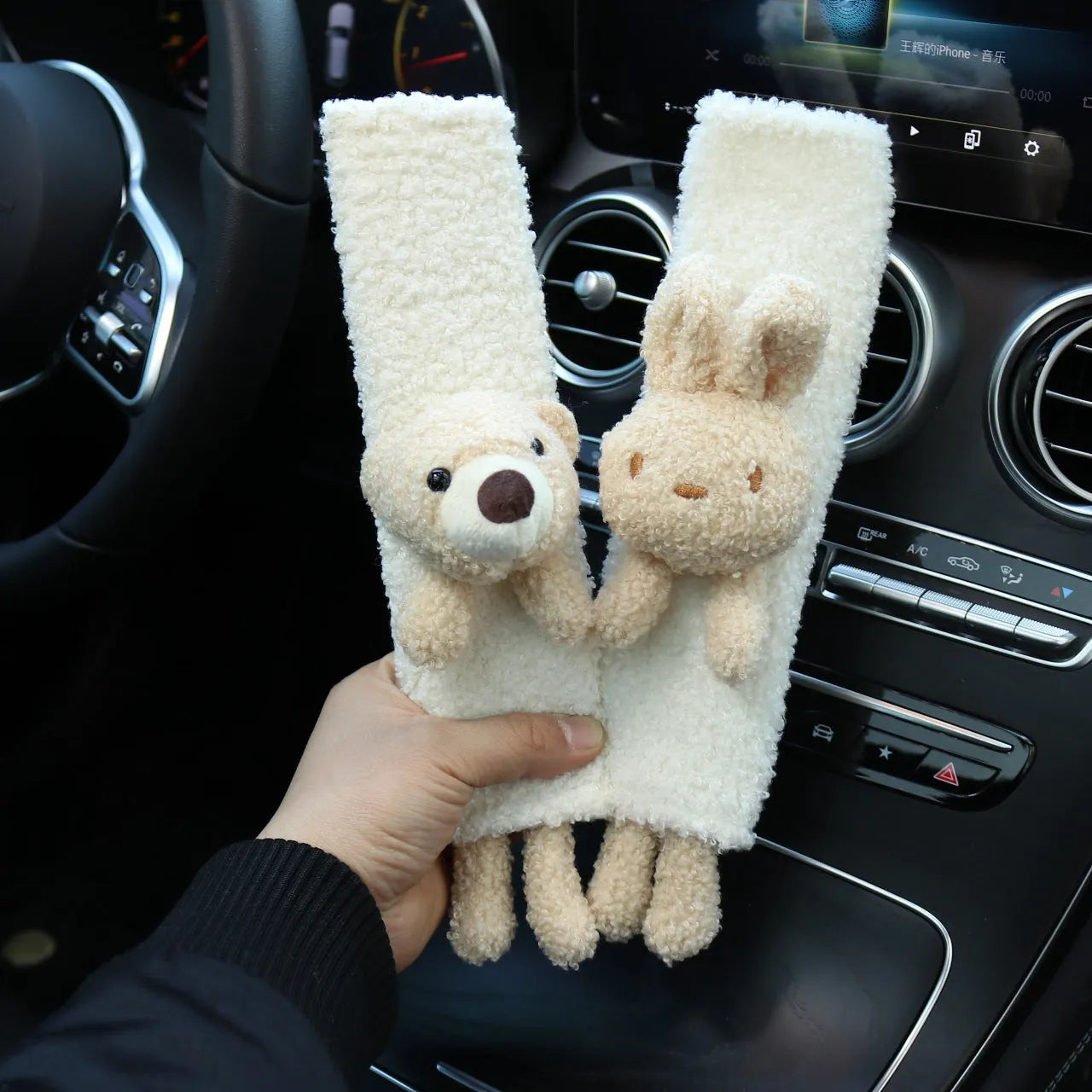 Cartoon lamb wool shoulder protector for car seatbelts in rabbit, bear, and rabbit+bear designs