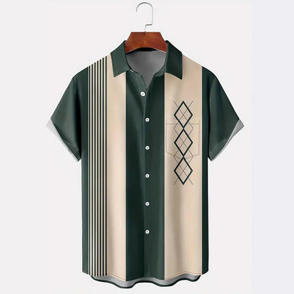 Men's plaid short-sleeve shirt with contrast lapel, shown in a loose cardigan style.