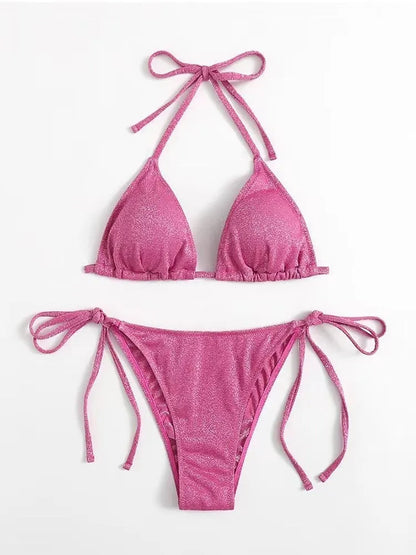 Women's khaki gold bandage bikini with adjustable straps on a beach background