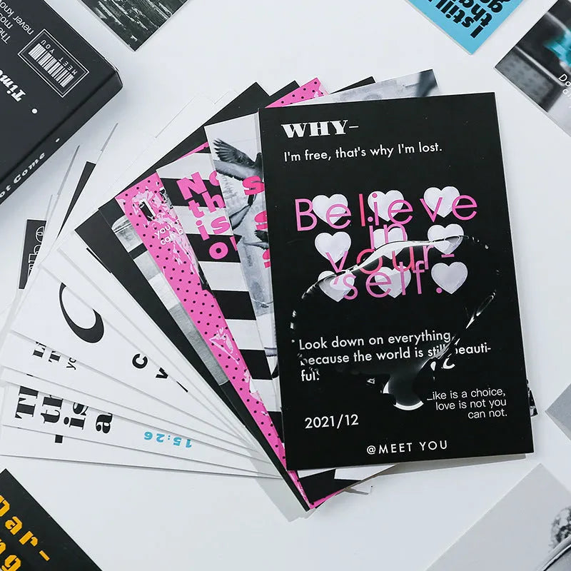 Two fresh-style greeting card designs, 'Time Not Arrived' and 'Warm Wind Not Exhausted', each 10.5cm by 14.8cm.