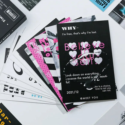 Two fresh-style greeting card designs, 'Time Not Arrived' and 'Warm Wind Not Exhausted', each 10.5cm by 14.8cm.