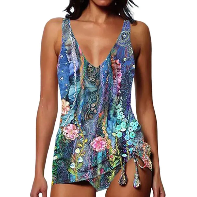 Women's printed triangle bikini split swimsuit with backless design in spandex fabric