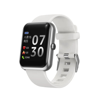 Square dial Bluetooth smart watch with silicone strap on a wrist, showing black, blue, gold, pink, and silver colour options.
