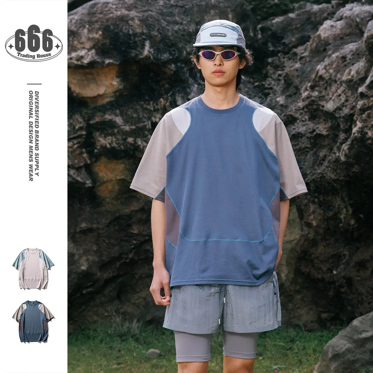 Man wearing a loose blue patchwork contrast colour short sleeve cotton blend sports t-shirt.