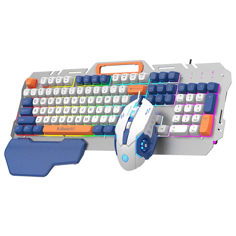 Blue wired gaming keyboard and mouse combo with backlit keys on dark surface