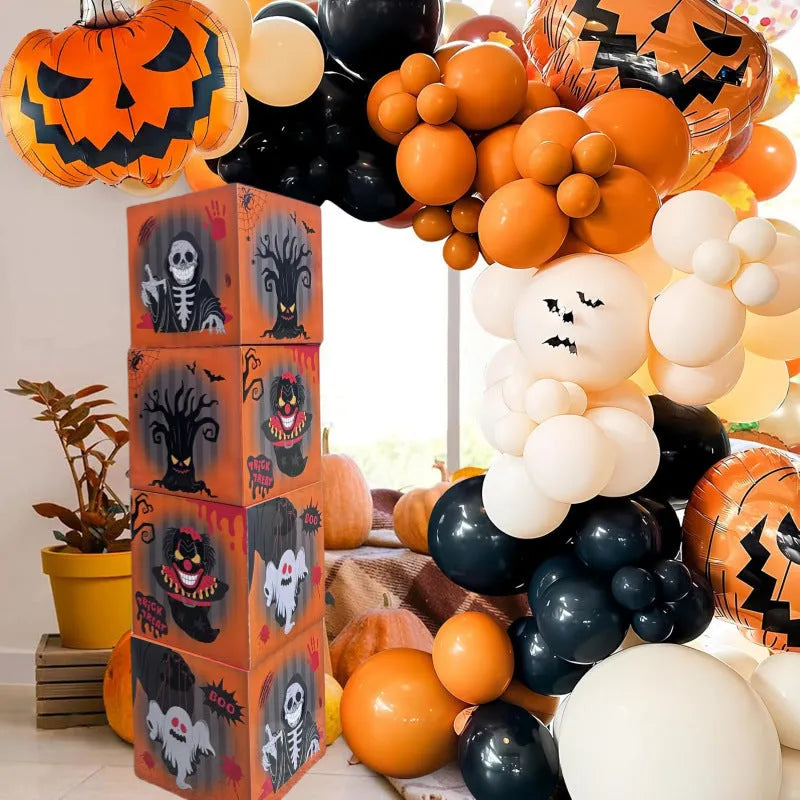 Blood wine bottle aluminium balloon Halloween party decoration layout in vibrant orange colour, includes four ghost boxes with printed design for spooky event decor, lightweight and reusable festive balloon for themed parties and haunted house setups.