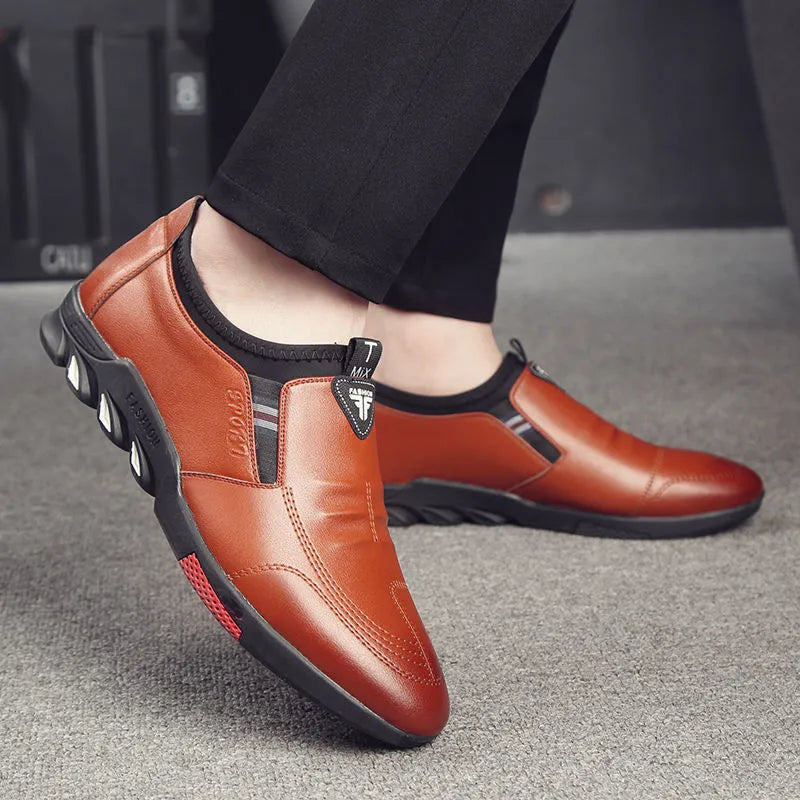 Men's plain-toe black and brown business shoes with flat soles and lace-up or slip-on styles.