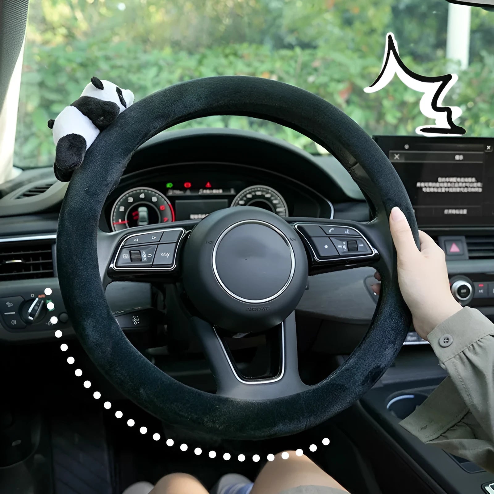 Black plush panda steering wheel cover with matching shoulder pad for winter car comfort