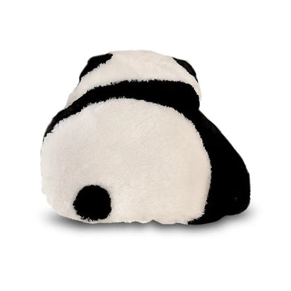 Cartoon panda design plush lumbar support cushion for car seats on a grey background.