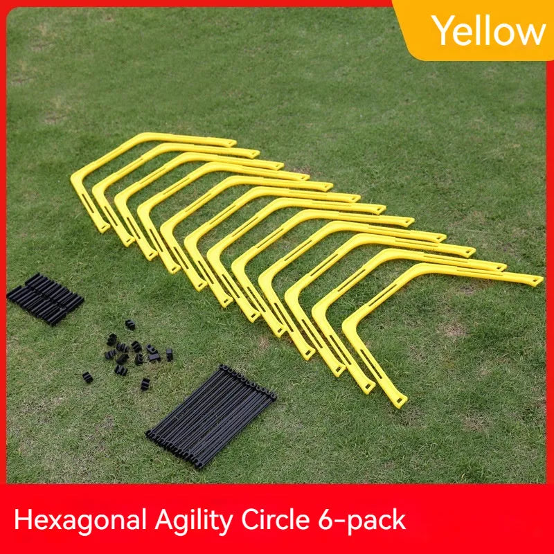 Set of six foldable hexagon football training rings in yellow, green and orange colours