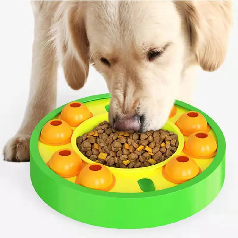 Square lake blue dog puzzle feeder with central column and rotating roulette top on a kitchen floor
