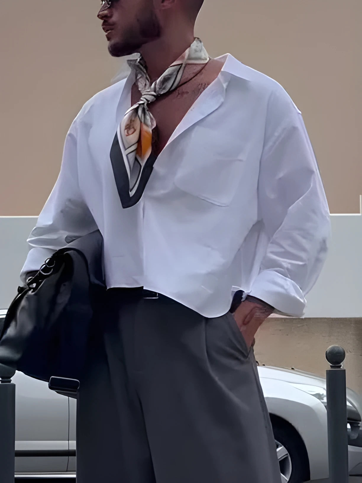 Men's white short sleeve casual shirt with a regular fit and cropped length.