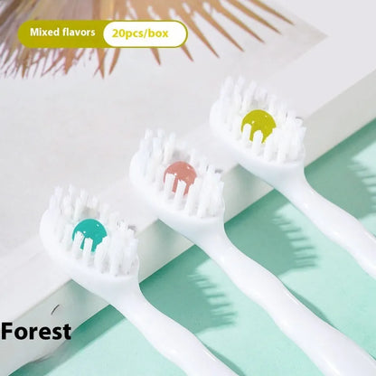 Box of 20 disposable bead toothbrches in individual packaging with mint, peach and plum green tea flavour options