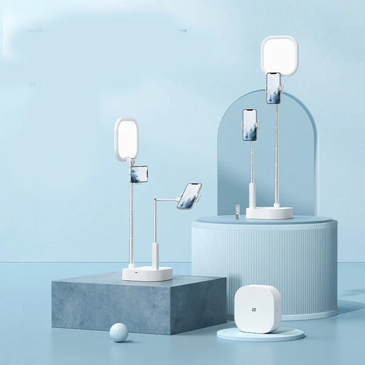 Adjustable white wireless live broadcast stand with dimmable LED light for content creation