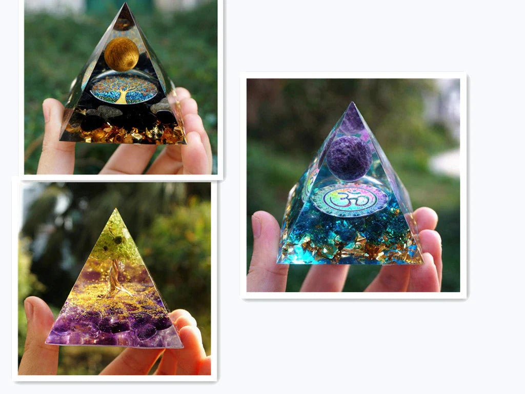Premium Reiki Healing Crystal Pyramid - Handcrafted with Amethyst and Tiger's Eye, Infused with Orgone Technology for Radiation Protection and Chakra Alignment