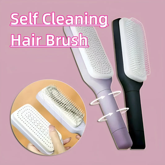 Purple and grey self-cleaning hair brush with rotating handle for easy debris removal