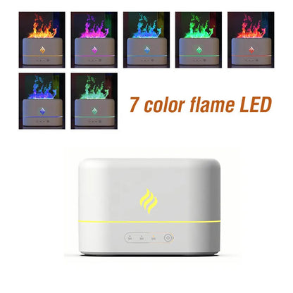 USB-powered humidifier with seven-colour simulated flame effect showing black and white colour options