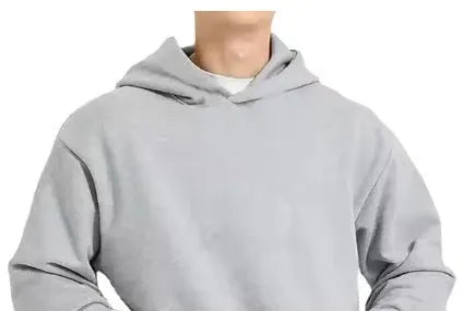 Men's grey fleece-lined cotton pullover hoodie with a wool lining and long sleeves