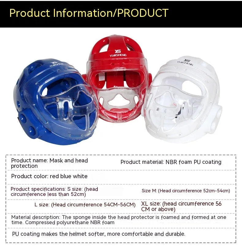 Karate helmet protective headgear in red, white or blue colours available in S, M, L, XL sizes for martial arts training.