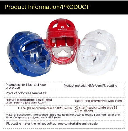 Karate helmet protective headgear in red, white or blue colours available in S, M, L, XL sizes for martial arts training.