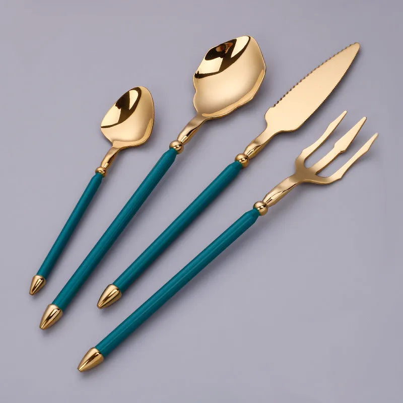 Stainless steel knife, fork, and two spoons set in a choice of seven metallic colour finishes.