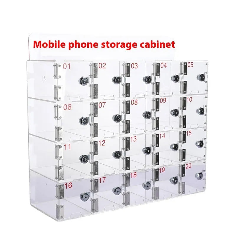 Transparent acrylic mobile phone storage cabinet with charging holes in modern simple style for office organisation