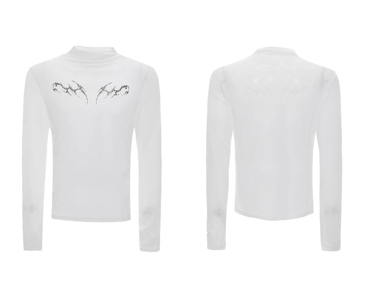 Black and white long sleeve slim fit mesh bottoming shirt laid flat.