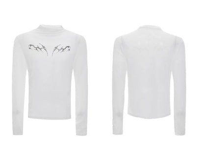 Black and white long sleeve slim fit mesh bottoming shirt laid flat.