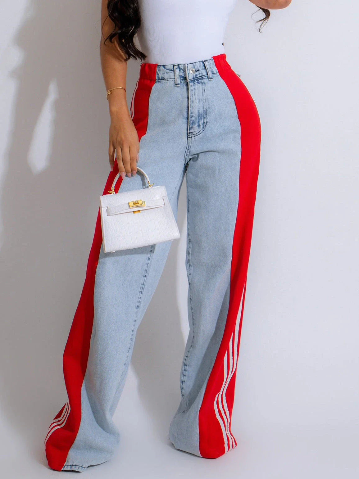 Stylish denim pants with three-stripe patchwork design in various color options