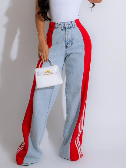Stylish denim pants with three-stripe patchwork design in various color options
