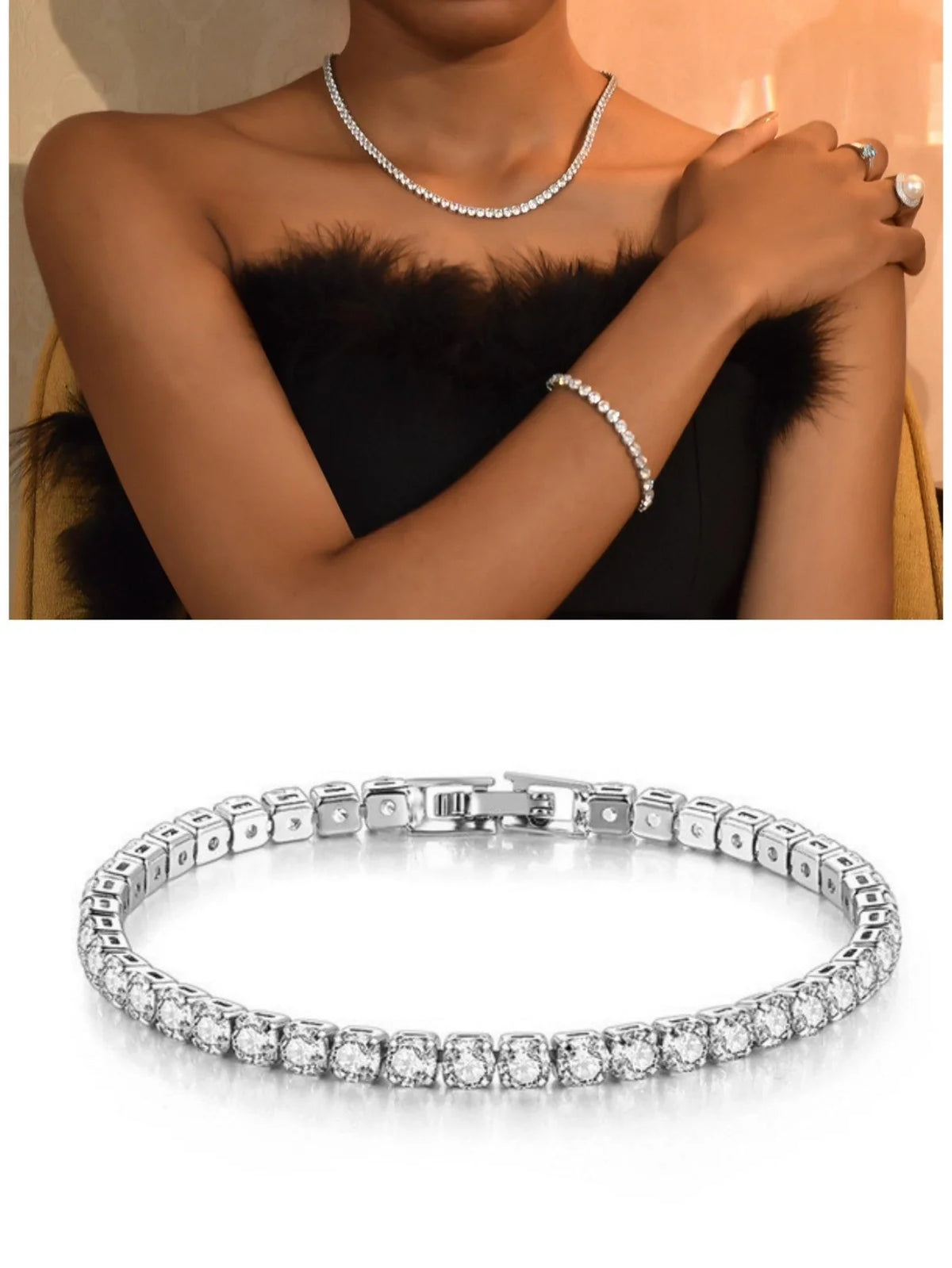 Stainless steel mesh ball chain necklace and bracelet set with geometric design and 3mm zircon inlay