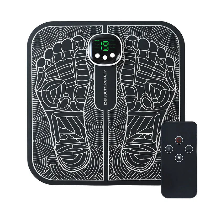 A blue rechargeable reflexology foot massager mat with a remote control on a wooden floor.
