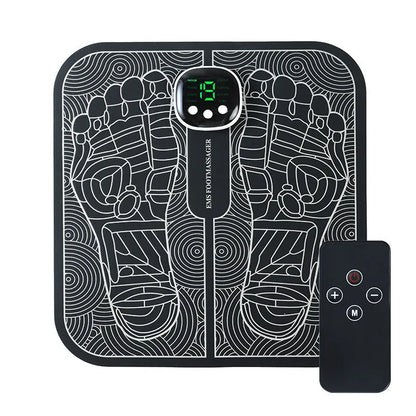 A blue rechargeable reflexology foot massager mat with a remote control on a wooden floor.