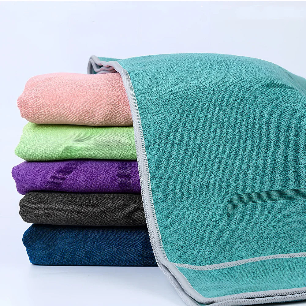 185cm by 68cm yoga towel with 3mm microfiber in six colour options including dark grey and deep sea blue