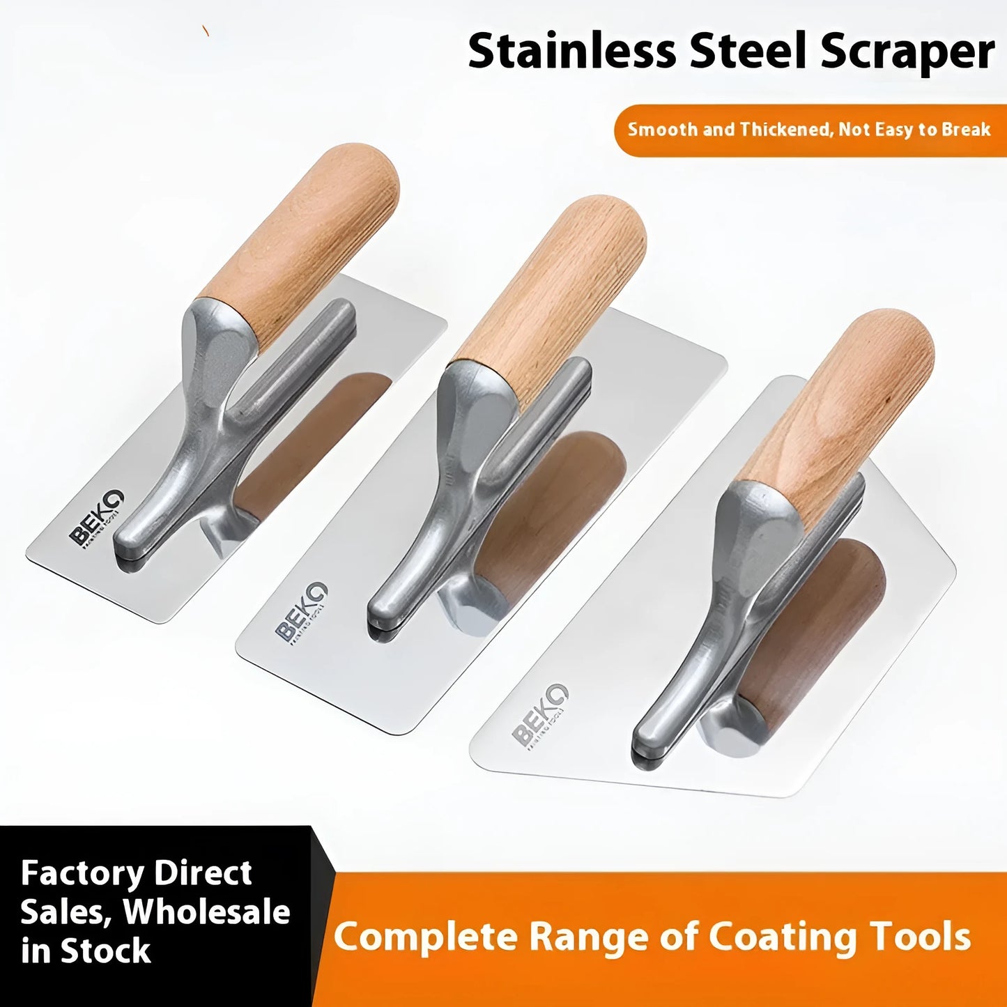 Stainless steel putty scraper with wooden handle on a workbench, showing three blade size options for decorative filling.