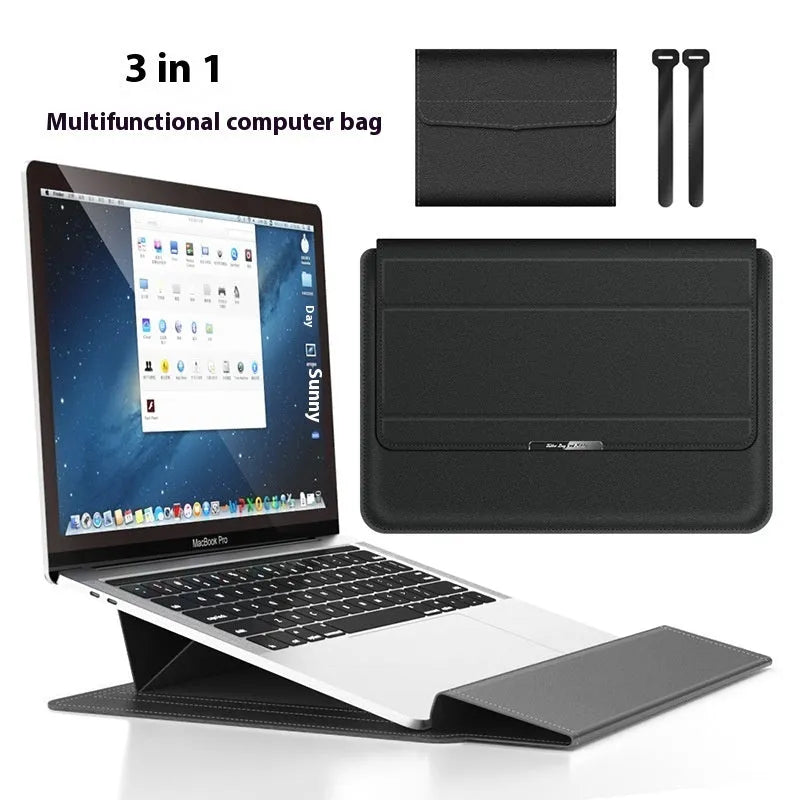 Three-in-one laptop bag in faux leather and plush, shown in black, dark blue, rose gold, grey, dark green, red or camel.