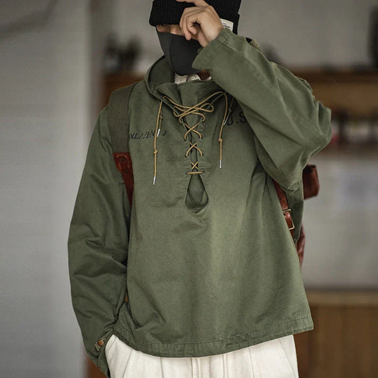 Versatile military-inspired windbreaker jacket for men in army green color, featuring a hooded design and tailored fit