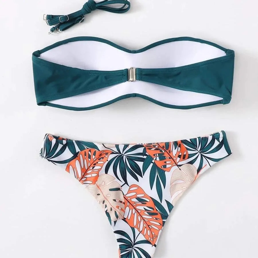 Green split push-up bikini swimsuit set with matching hard storage bag