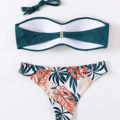 Green split push-up bikini swimsuit set with matching hard storage bag