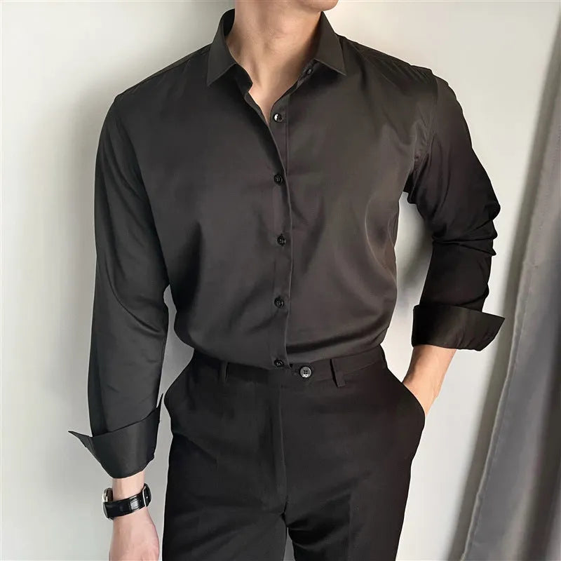 Men's Korean-style slim fit casual shirt in chemical fibre blend fabric available in white black and dark grey