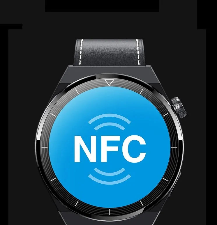 Black Android smart watch with round dial on a silicone strap, showing call and NFC functions.