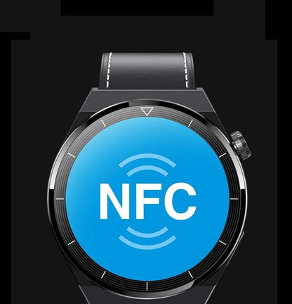 Black Android smart watch with round dial on a silicone strap, showing call and NFC functions.