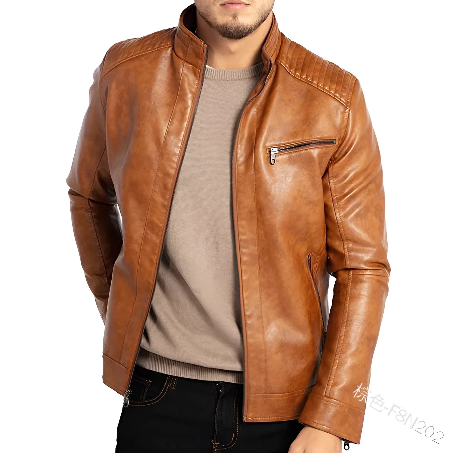 Man wearing a brown artificial leather punk motorcycle jacket with a stand collar and a chest patch pocket.