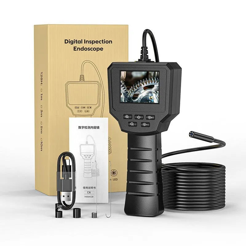 Waterproof endoscope inspection camera with a small 8mm probe and a long hard wire cable.