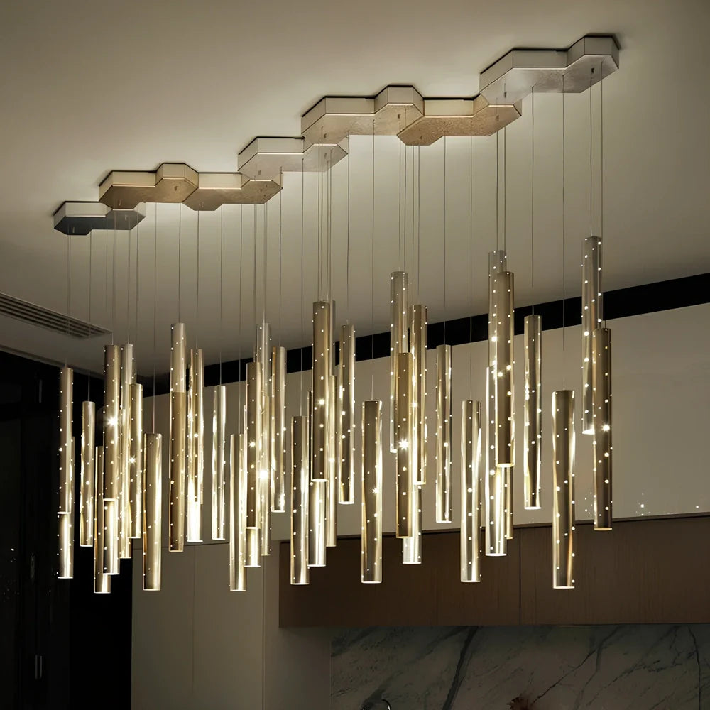 Carved hollow tube bar chandelier in gold and silver mix with 6 LED heads, 1.2m span aluminum alloy