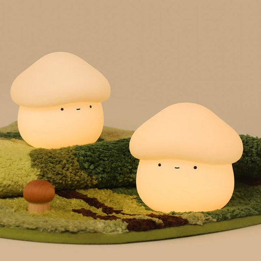 Adorable mushroom-shaped night light with warm yellow glow, perfect for children's bedrooms