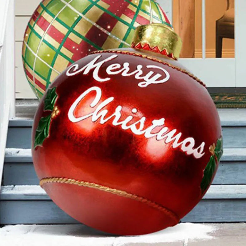 Large 60cm inflatable PVC Christmas decoration ball in bright colours for outdoor garden or tree display.