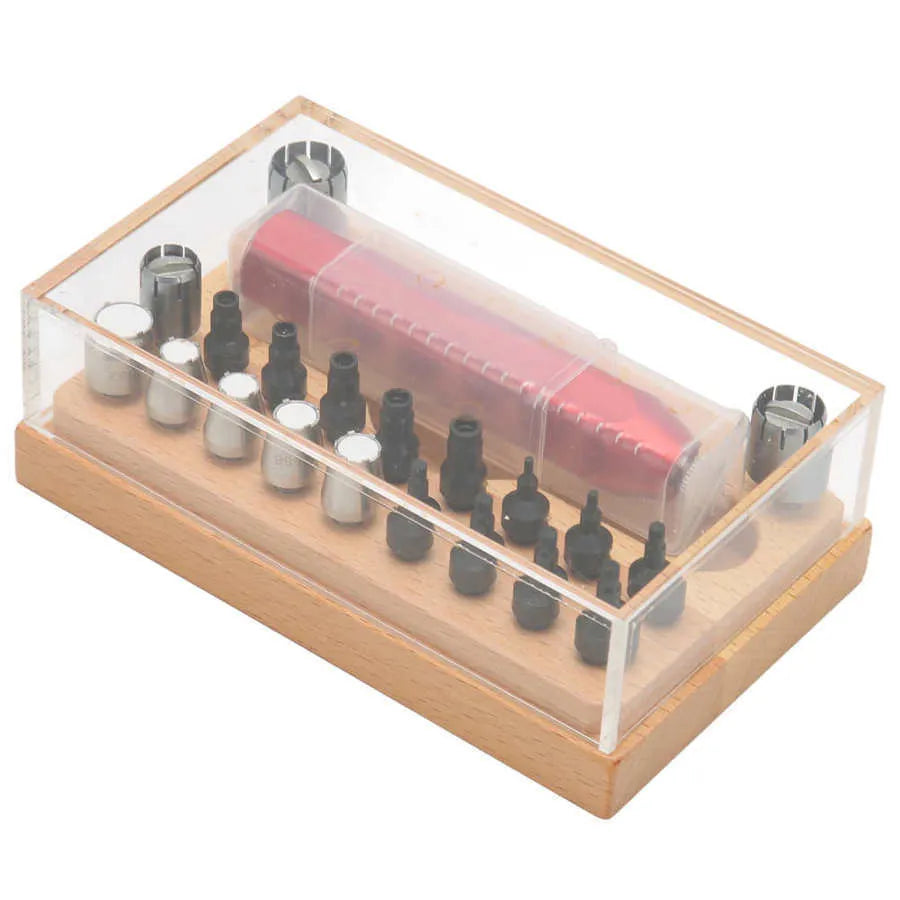 20-piece steel watch case opening tool set laid out on a surface