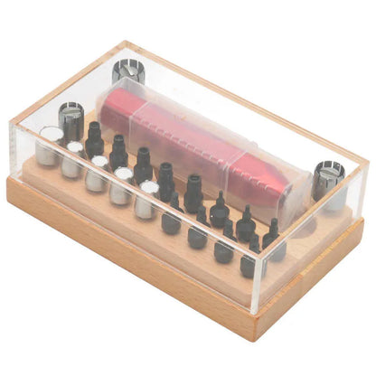 20-piece steel watch case opening tool set laid out on a surface
